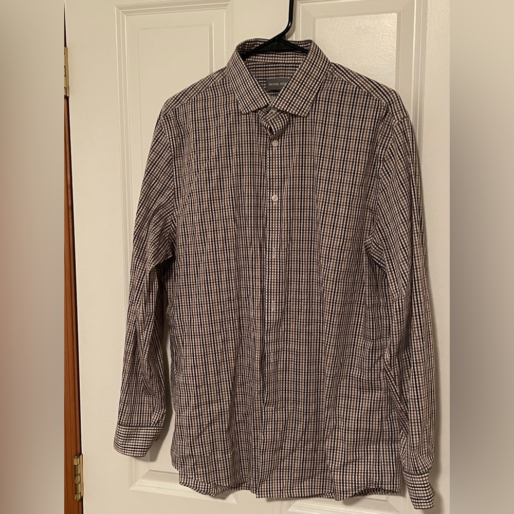 Michael Kors Brown Plaid Button Down Dress Shirt. Slim Fit. Large